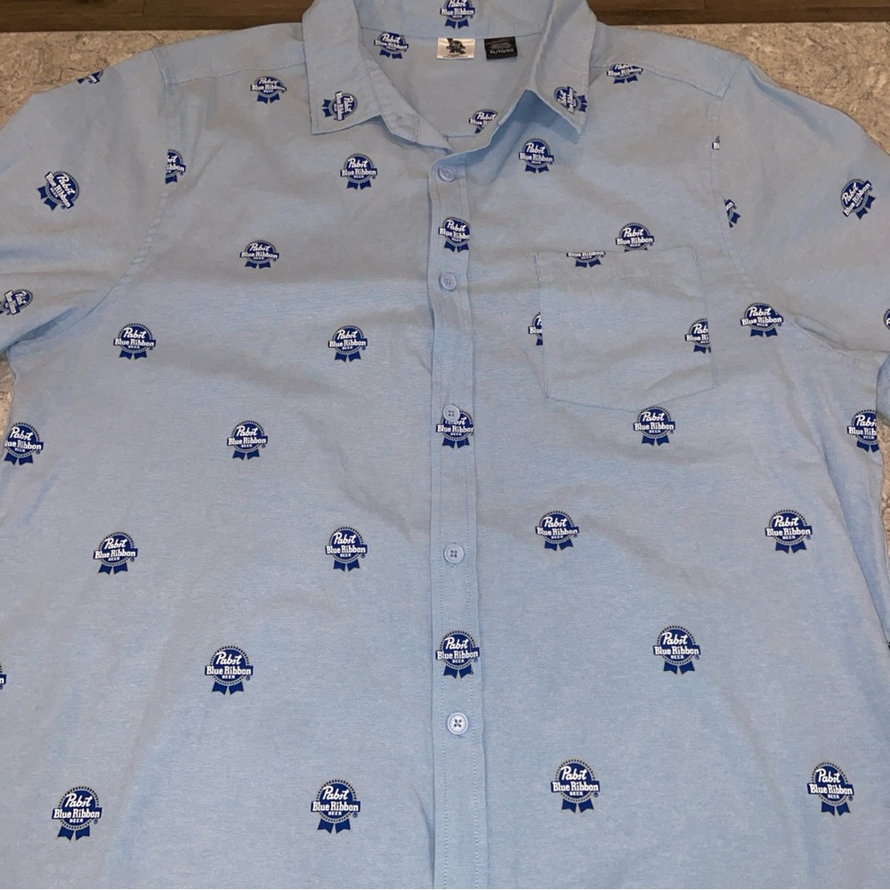 Pabst Blue Ribbon PBR Light Blue Men's Short Sleeve Button Down Shirt-XL - Picture 4 of 7